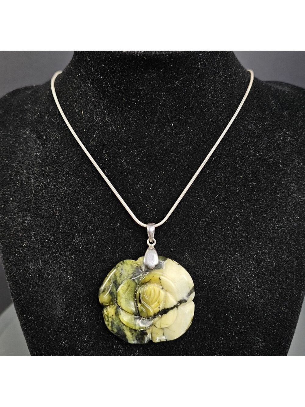 Sterling Silver 925 Necklace Chain With Rose Carved Stone Set On 925 Silver